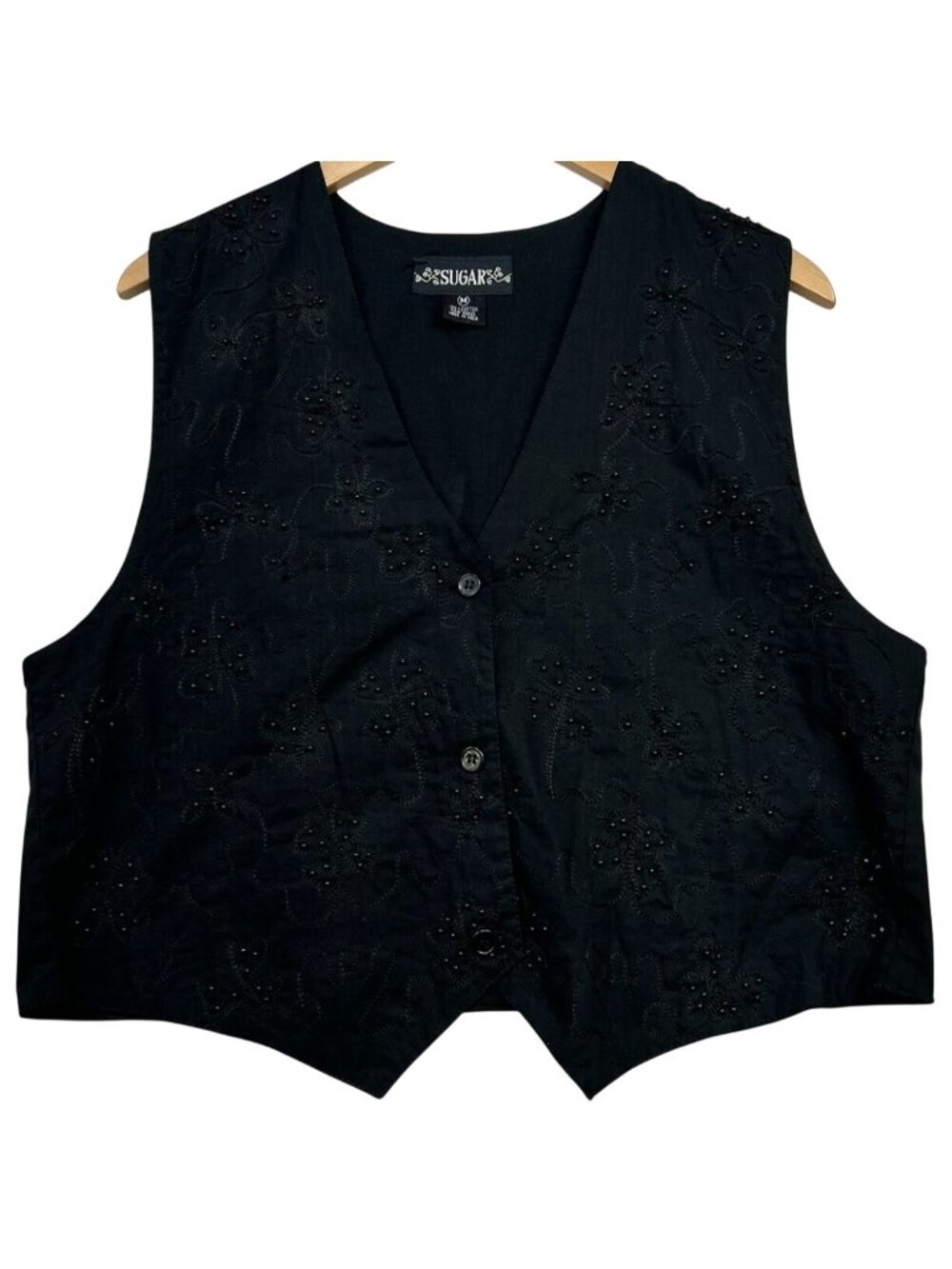 Sugar Women's Embroidery Beaded Button-Front Vest V Neck Size Medium Black Solid